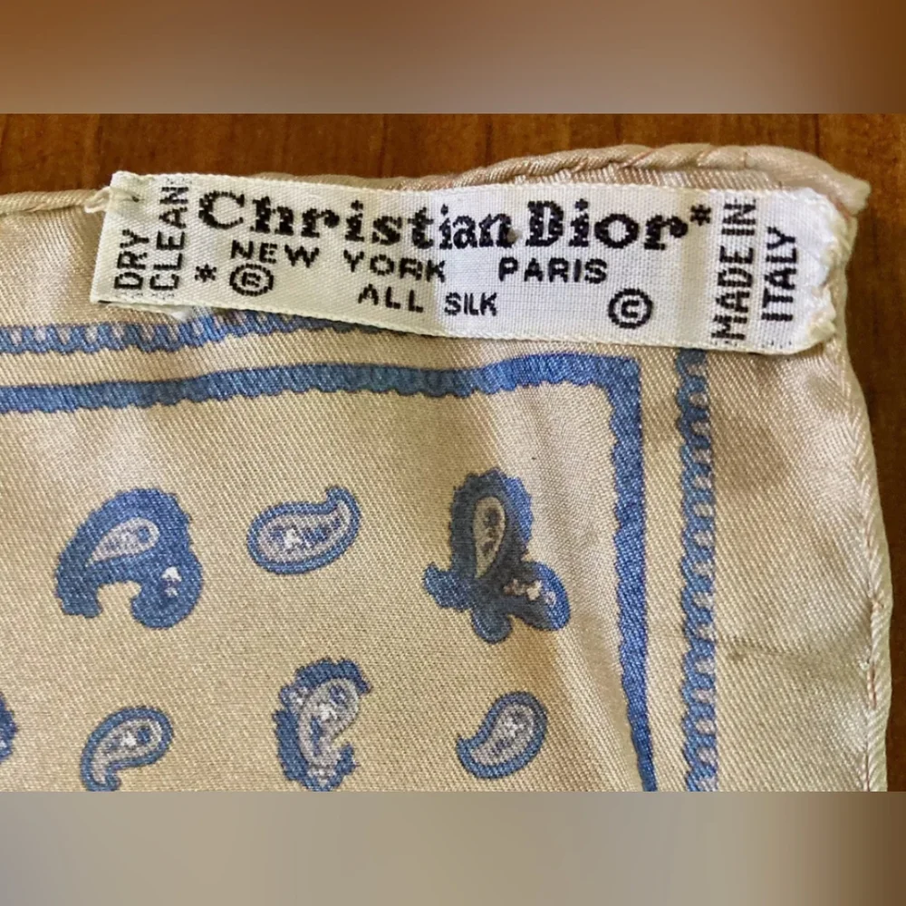 Christian Dior 🌸 Vintage Silk Blue and Ivory Silk Scarf